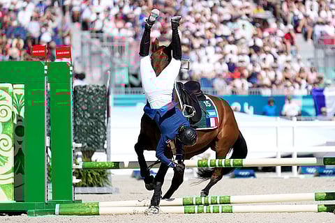 Paris Olympics Modern Pentathlon: France's Marie Oteiza competing in the women's individual riding show